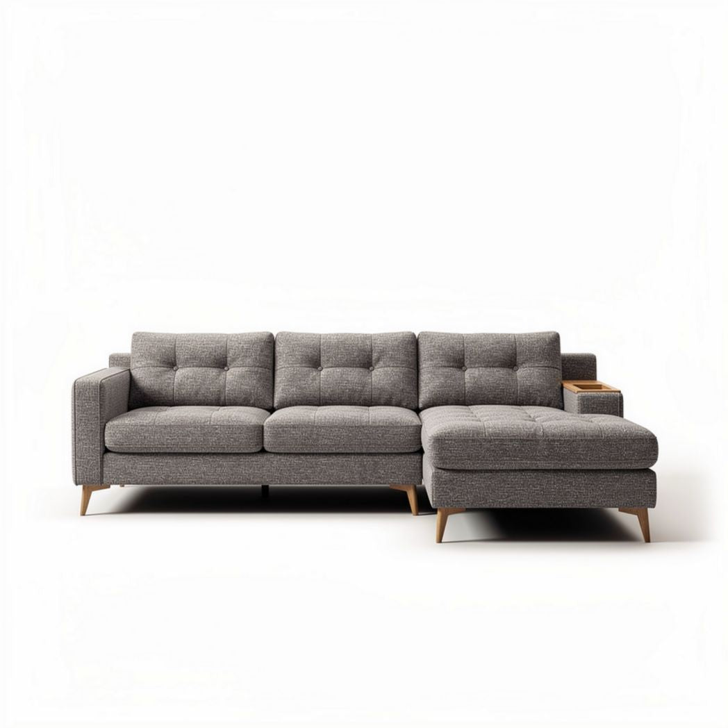 Gray fabric sectional couch with wooden legs and right chaise lounge 220 x 90 x 85cm
