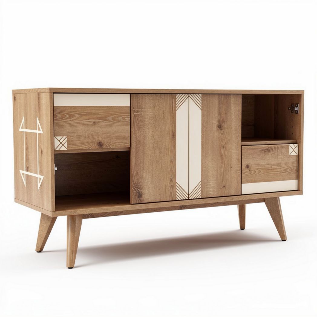 Wooden storage cabinet with sliding doors and drawers 150 x 40 x 80cm