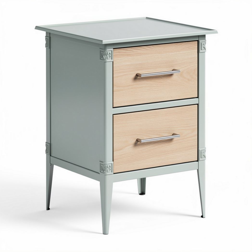 Two-drawer nightstand in green and light wood finish with metal handles 40 x 35 x 55cm