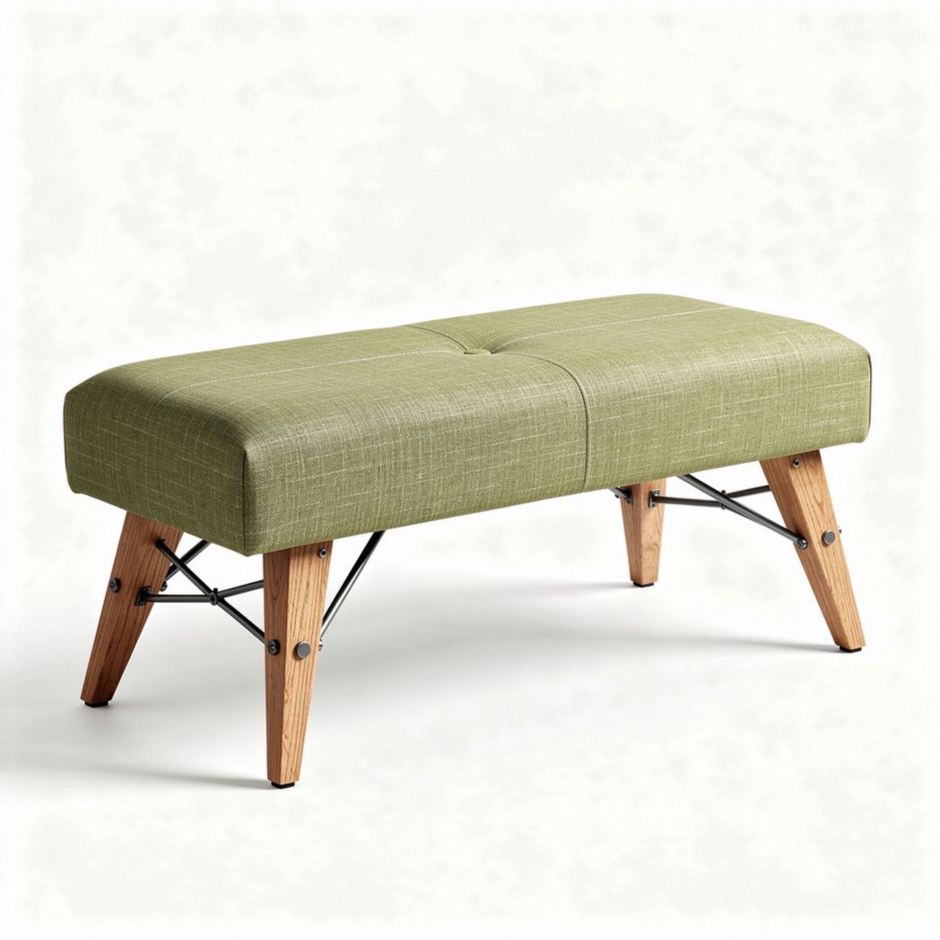 Green upholstered bench with wooden legs and metal accents 120 x 50 x 40cm