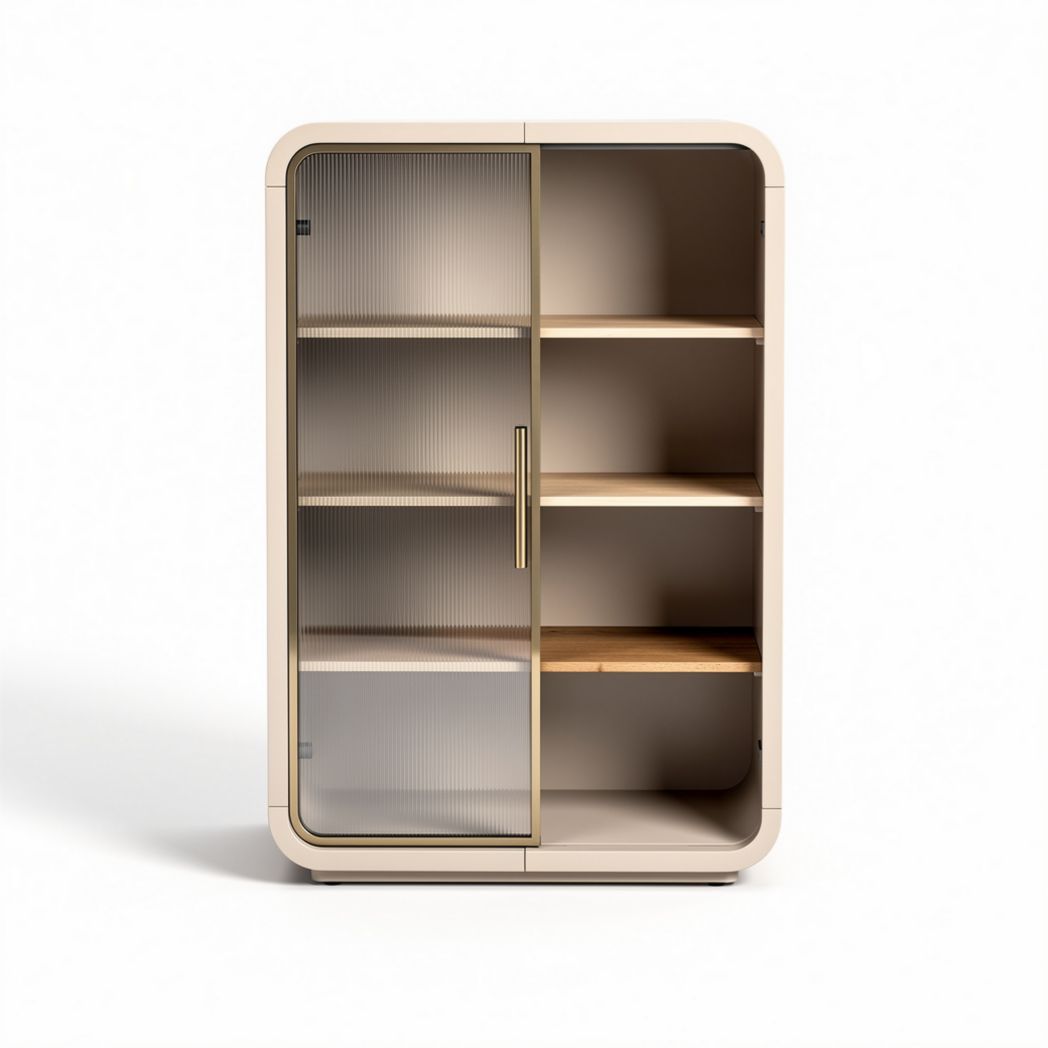 Glass door display cabinet with four shelves and wooden accents 80 x 40 x 120cm