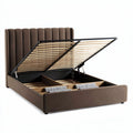 Upholstered brown storage bed with wooden slats and gas lift mechanism 200 x 160 x 100cm