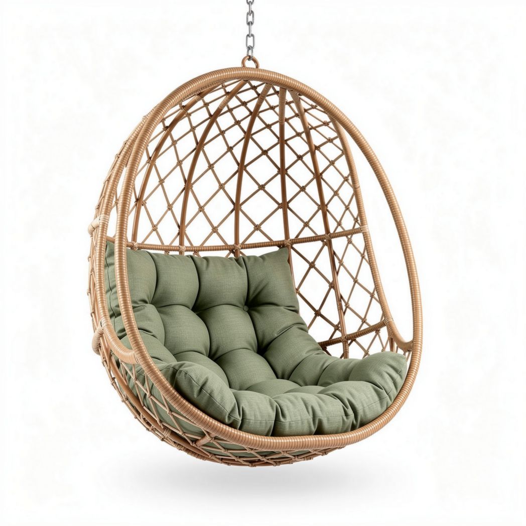 Hanging rattan egg chair with green cushions for indoor and outdoor use