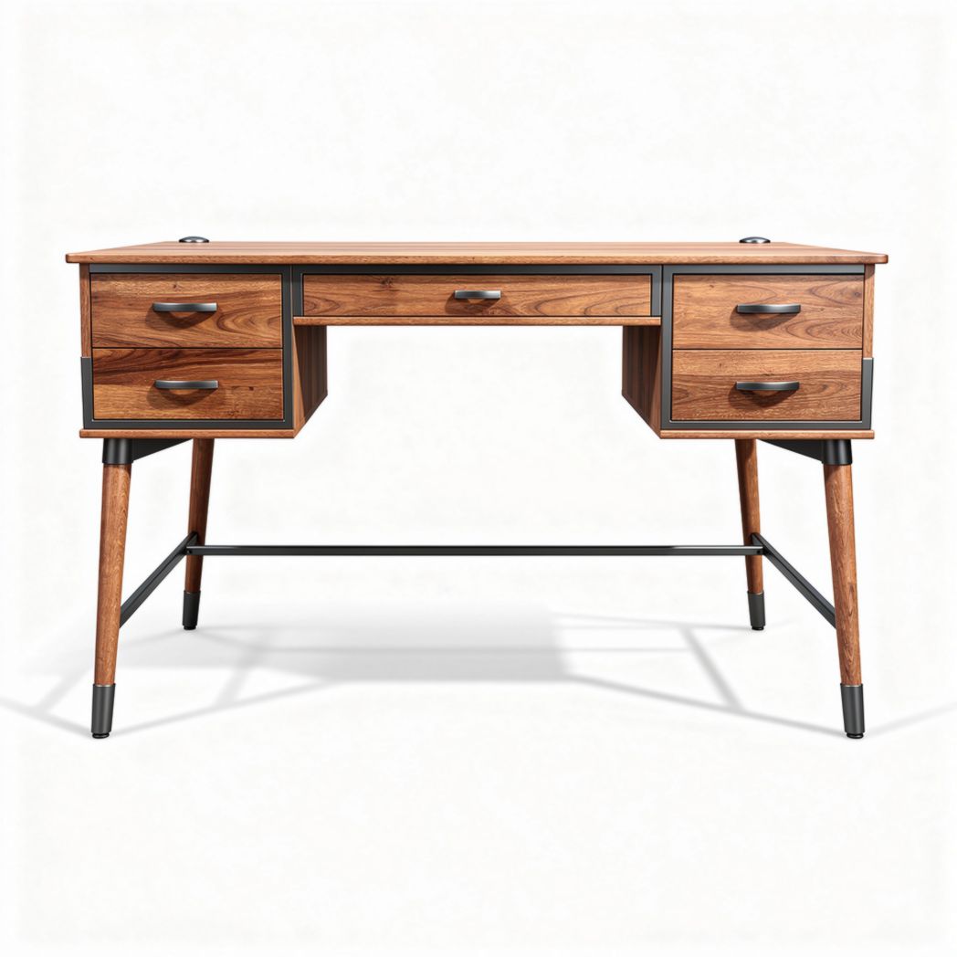 Wooden writing desk with metal legs and storage drawers 150 x 80 x 75cm