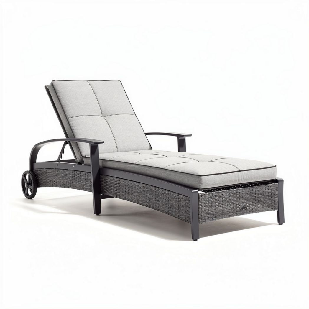 Outdoor patio chaise lounge chair with gray cushion and durable wicker design