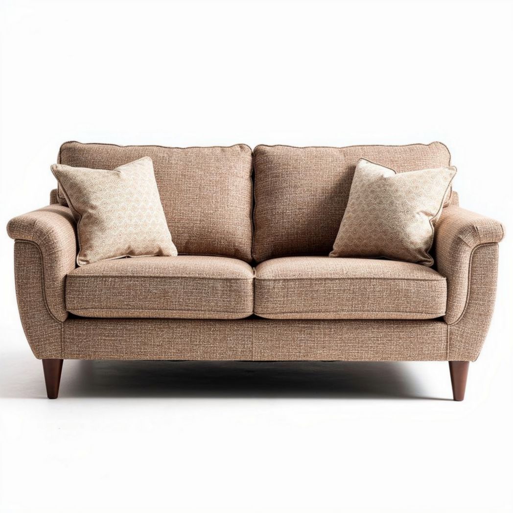 Sofa with two cushions in beige fabric and wooden legs measuring 180 x 90 x 85cm