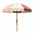 Wooden market umbrella with pink and white canopy suitable for beach use