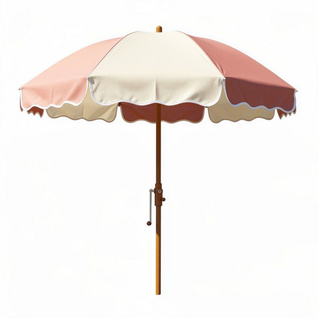Wooden market umbrella with pink and white canopy suitable for beach use